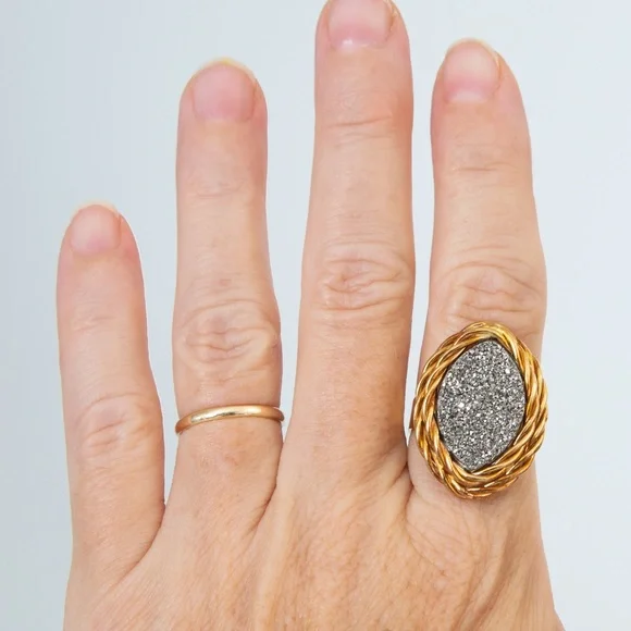 2 tone 14Kt Italy statement ring platinum druzy quartz luxury Vicenza Gold 10